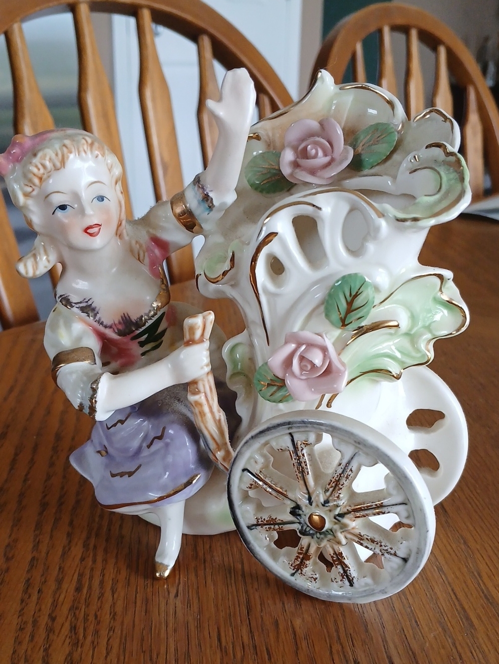 Porcelain Figurine Girl with Floral Cart - Pink, Green, Lavender